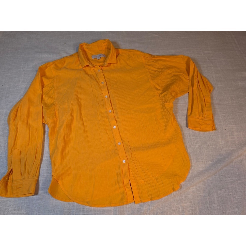 LOFT Womens Orange Textured Gauze Button Down Shirt Small Long Sleeve Chevron